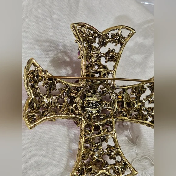 Vintage Weiss Pink Red Rhinestones Maltese Cross Brooch & Clip-on Earrings Set - Picture 8 of 10